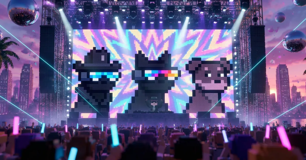 Pixel robots flying through a lavender and cyan sky