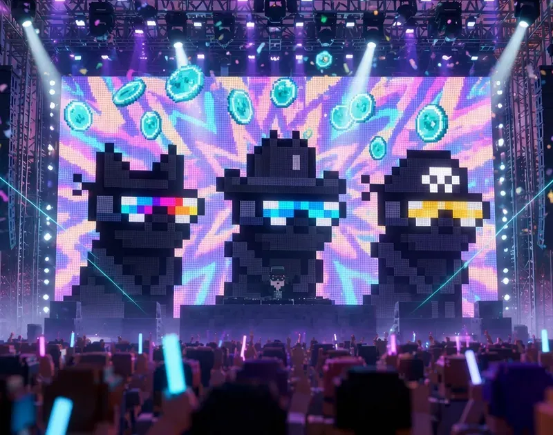 Voxel concert stage at dusk with Shield, Bark and Gary glowing on the LED screen as teal pixel coins rain over a crowd waving glowsticks