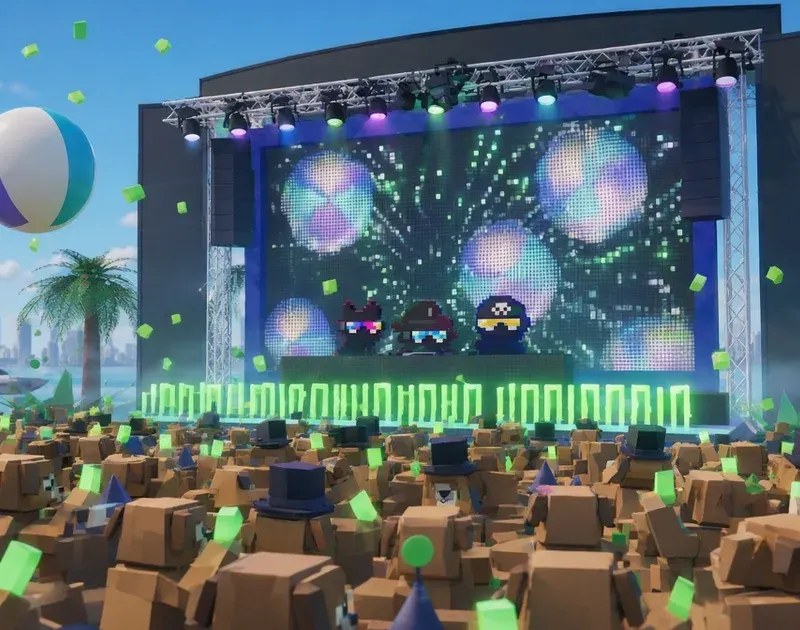 Bright midday Gigatron beach concert seen from inside a crowd of boxy brown dog avatars in top hats and wizard cones, holding up glowing green blocks like votes, as three voxel Doginal Dog DJs play behind a row of green light gates beneath a psychedelic LED screen