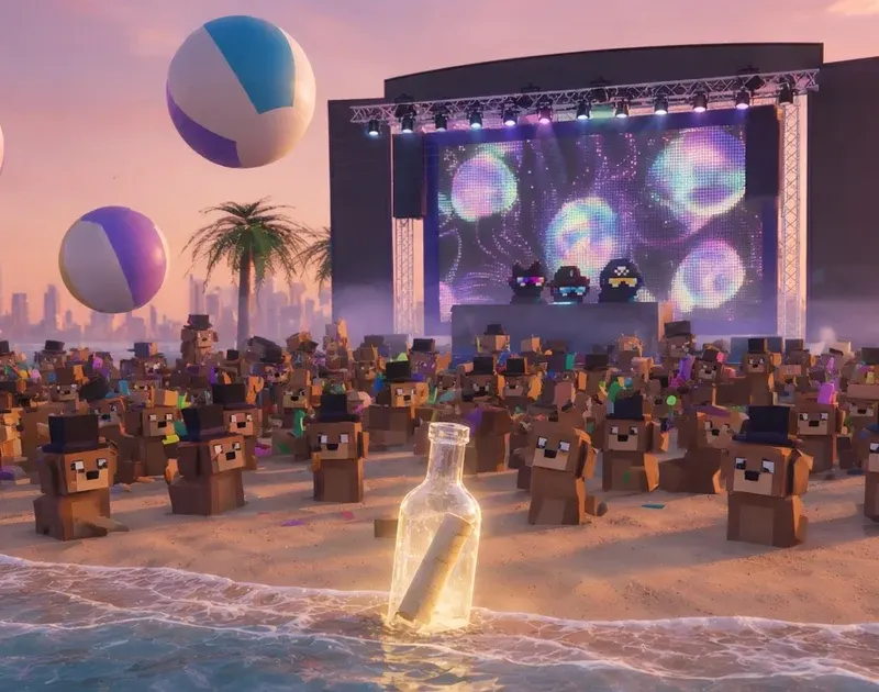 Golden sunset over the Gigatron beach concert seen from the water: a glass bottle with a rolled scroll glows on the wet sand in the foreground, while a crowd of boxy brown dog avatars in top hats faces a truss stage where three voxel Doginal Dog DJs play under a psychedelic orb-filled LED screen, with giant beach balls, palms and a hazy city skyline behind