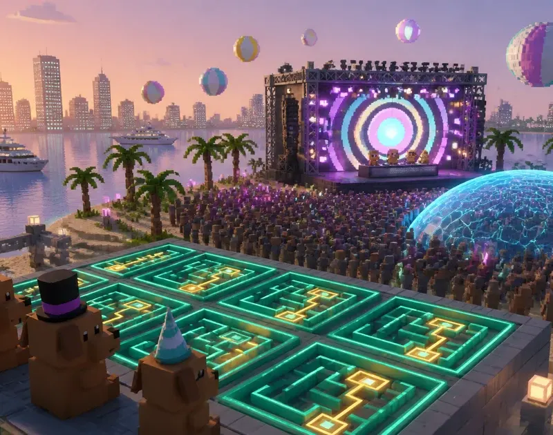Sunrise over the Gigatron beach concert seen from a raised side platform: in the foreground, boxy brown blocky dog avatars in top hats and party cones stand beside a glowing practice arena of small teal light mazes, each with a gold trail tracing the shortest path to a goal tile, while a translucent cyan hexagon shield dome covers part of the blocky crowd facing a truss stage with a concentric neon ring LED screen, three pixel DJs, giant beach balls, yachts and a voxel city skyline over calm water