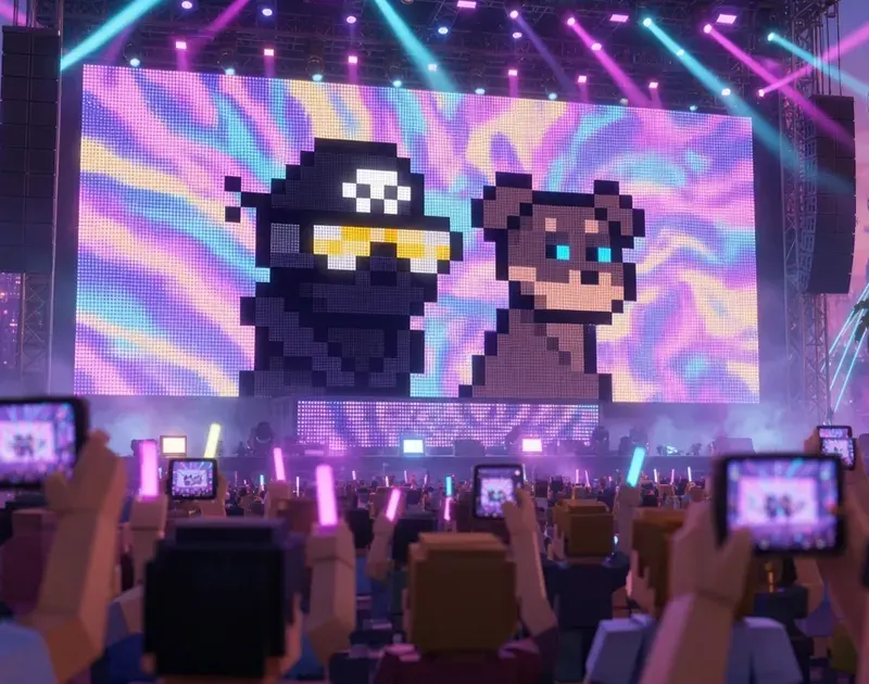 Voxel fans in a glowstick crowd film the stage on glowing phones while Gary and Shibo glow on the giant LED screen