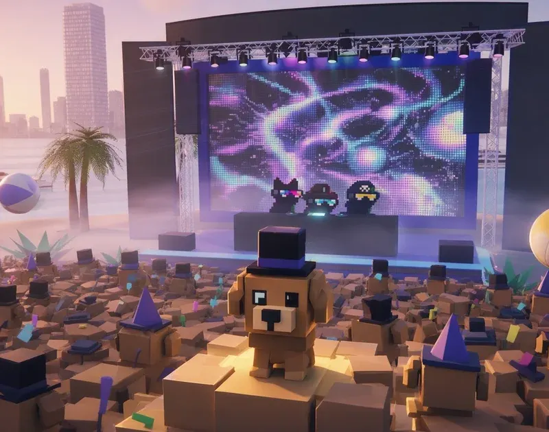 Low-poly Gigatron beach concert at sunrise: a boxy brown dog avatar in a top hat rises on a glowing block above the crowd while three voxel Doginal Dog DJs play beneath a psychedelic maze-pattern LED screen