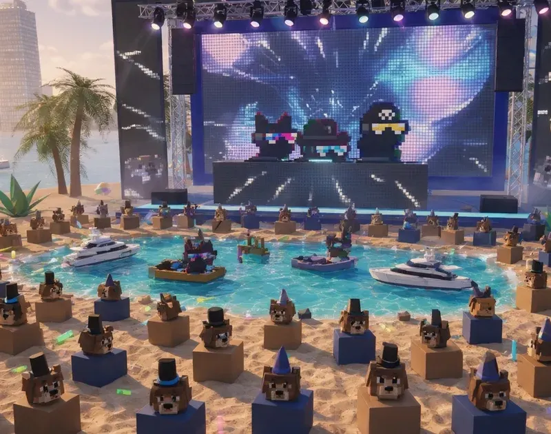 Late-afternoon Gigatron beach with a glowing lagoon opened in front of the stage, party rafts and yachts on the water, rows of blocky dog avatars in hats and three voxel Doginal Dog DJs