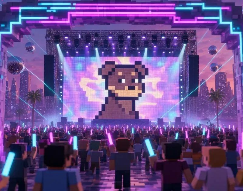View through a glowing voxel archway as a line of newcomers with glowsticks walks toward a stage where Shibo glows on the LED screen