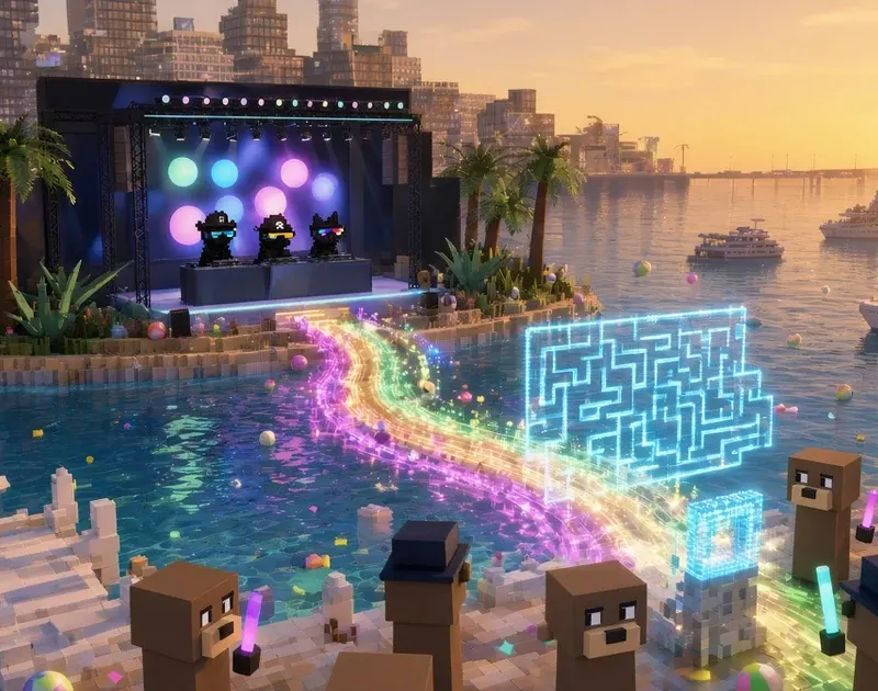 Golden sunset at the Gigatron beach concert, seen from the white voxel dock at water level: a large glowing cyan hologram maze floats over the water while a rainbow of magenta, gold and lime light streaks races from the island stage toward a glowing goal cube on the sand. On the palm-lined island stage, three pixel-art DJs (Bark in a fedora with a cyan visor, Shibo in a skull bandana with a yellow visor, Shield with cat ears and a rainbow visor) play in front of an LED wall of pastel orbs. Brown blocky dog-head crowd members, some in dark top hats, stand on the beach with glow sticks floating beside them, with white yachts, beach balls and a voxel skyline in the background