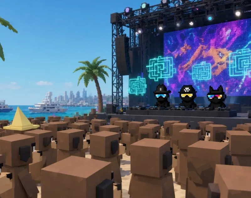 Bright midday at the Gigatron beach concert, seen from low inside the crowd: brown blocky dog-head avatars in top hats and party cones hold up glow sticks in the foreground while three glowing teal and violet hologram mazes of growing size float above the palm-lined island stage, the largest one laced with arrow tiles and three coloured doors. Behind the booth, three pixel-art DJs (Bark in a dark fedora with a cyan visor, Shibo in a skull bandana with a yellow visor, Shield with cat ears and a rainbow visor) play under a truss rig, with white yachts on turquoise water and a hazy pale-blue voxel skyline behind.
