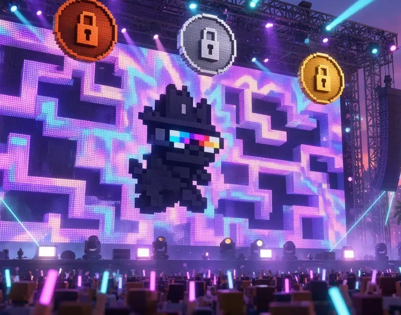 Side view of a voxel stage with lasers, where Shield races through a glowing pixel maze on the LED screen beneath bronze, silver and gold medals