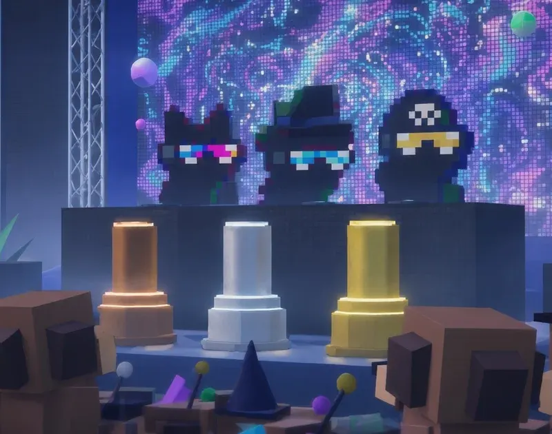Evening close-up of the Gigatron DJ booth: three voxel Doginal Dog DJs behind glowing bronze, silver and gold pillars, a swirling psychedelic LED screen and blocky dog avatars in the foreground