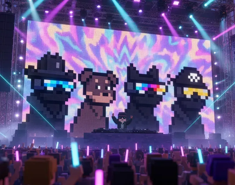 Low-angle view of a voxel DJ booth beneath an LED screen showing Bark, Shibo, Shield and Gary side by side, with crossing lasers over the crowd
